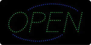 Open Deco Blue Border Green Letters LED Sign