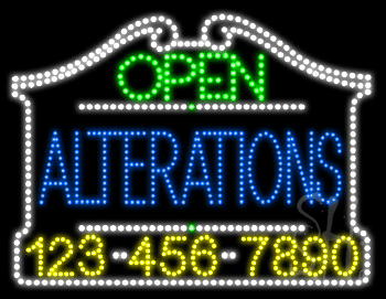 Alterations Open with Phone Number Animated LED Sign