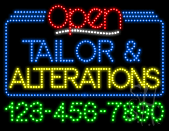 Tailor and Alterations Open with Phone Number Animated LED Sign