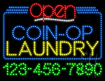 Coin Op Laundry Open with Phone Number Animated LED Sign