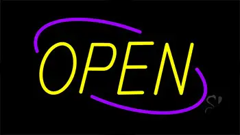 Open Purple Border Yellow Letters LED Neon Sign