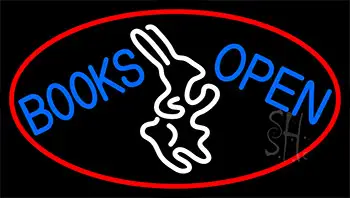 Blue Books With Rabbit Logo Open With Red LED Neon Sign