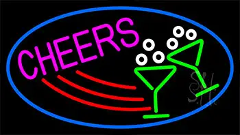 Cheers With Wine Glass With Blue Border LED Neon Sign