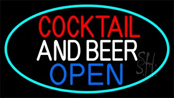 Cocktail And Beer Open With Turquoise Border LED Neon Sign