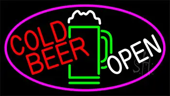 Cold Beer With Yellow Mug Open With Pink Border LED Neon Sign