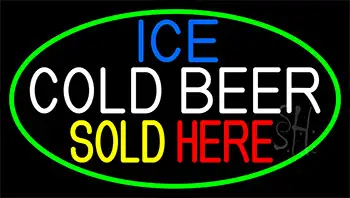 Ice Cold Beer Sold Here With Green Border LED Neon Sign