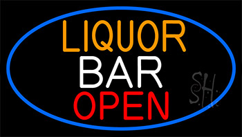 Liquor Bar Open With Blue Border LED Neon Sign