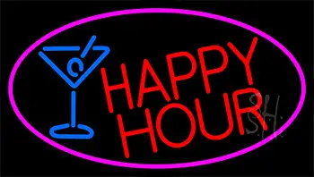Red Happy Hour And Wine Glass With Pink Border LED Neon Sign