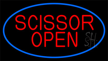 Scissor Open With Blue Border LED Neon Sign