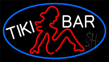 Tiki Bar Girl With Blue Border LED Neon Sign
