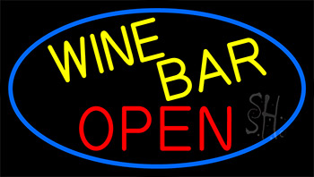 Yellow Wine Bar Open With Blue Border LED Neon Sign