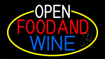 Open Food And Wine With Yellow Border LED Neon Sign