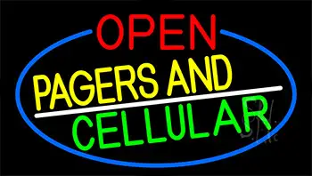 Open Pagers And Cellular With Blue Border LED Neon Sign