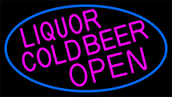 Pink Liquors Cold Beer Open With Blue Border LED Neon Sign
