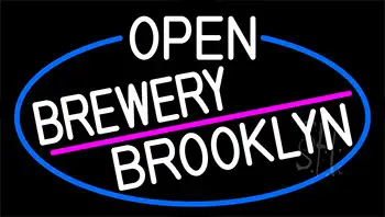 White Open Brewery Brooklyn With Blue Border LED Neon Sign