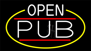 White Open Pub With Yellow Border LED Neon Sign