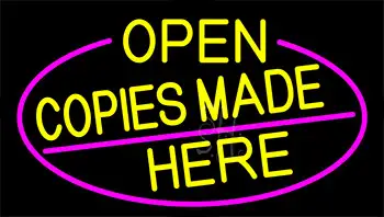 Yellow Open Copies Made Here With Pink Border LED Neon Sign