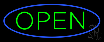 Green Open With Blue Border LED Neon Sign