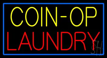 Yellow Coin Op Laundry Blue Border LED Neon Sign