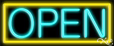 Aqua Open With Yellow Border LED Neon Sign