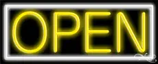 Yellow Open With White Border LED Neon Sign