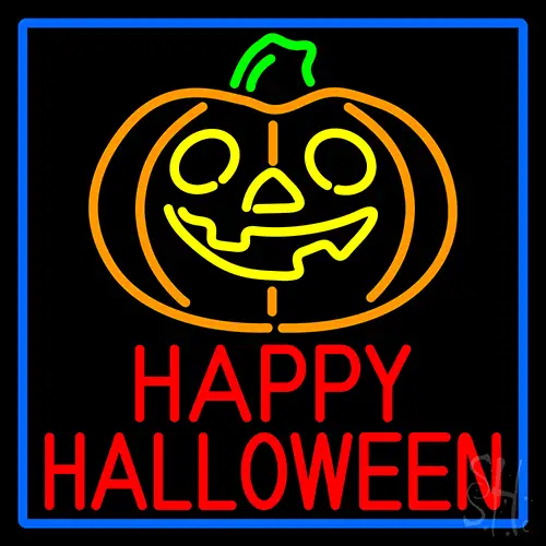 Happy Halloween Pumpkin With Blue Border LED Neon Sign