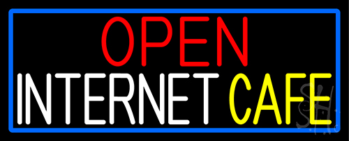 Open Internet Cafe With Blue Border LED Neon Sign