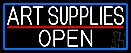 White Art Supplies Open With Blue Border LED Neon Sign