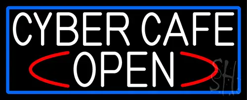 White Cyber Cafe Open With Blue Border LED Neon Sign