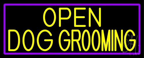 Yellow Open Dog Grooming With Purple Border LED Neon Sign