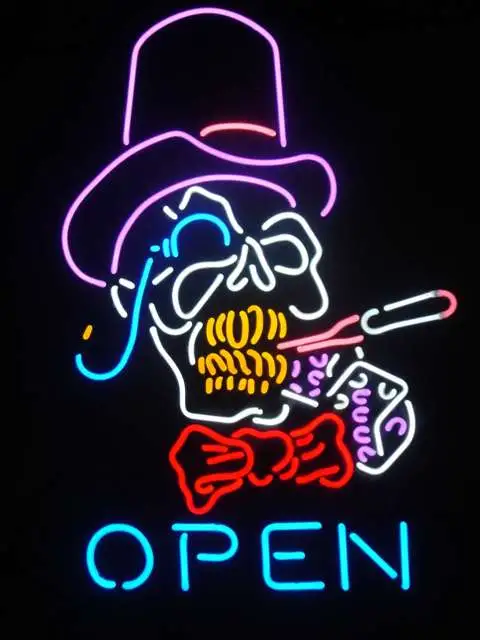 Top Hat Reaper Tattoo Open LED Neon Sign