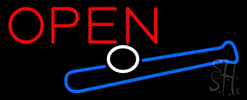 Open In Bright Red With Blue Bat And White Ball LED Neon Sign