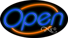 Blue Open With Orange Border Oval Neon Sign