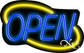 Deco Style Blue Open With Yellow Border Neon Sign