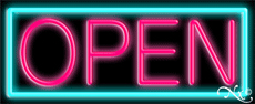 Pink Open With Aqua Border Neon Sign
