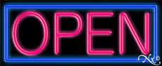 Pink Open With Blue Border Neon Sign