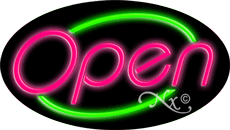 Pink Open With Green Border Oval Neon Sign