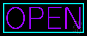 Purple Open With Aqua Border Neon Sign