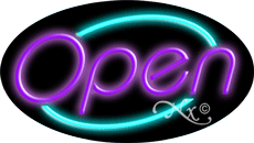 Purple Open With Aqua Border Oval Neon Sign