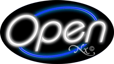 White Open With Blue Border Oval Neon Sign