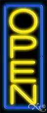 Yellow Open With Blue Border Vertical Neon Sign