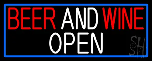 Beer And Wine Open With Blue Border LED Neon Sign