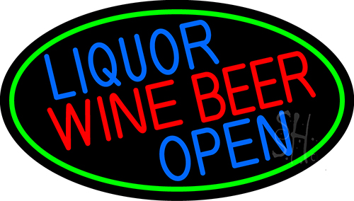Liquor Wine Beer Open Oval With Green Border LED Neon Sign