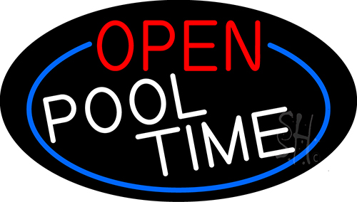 Open Pool Time Oval With Blue Border LED Neon Sign