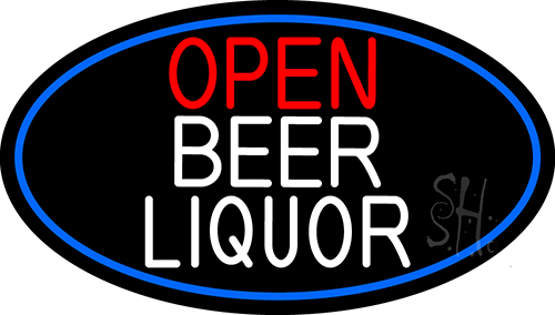 Open  Beer Liquor Oval With Blue Border LED Neon Sign