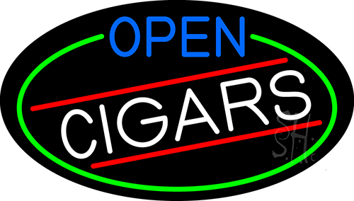 Open Cigars Oval With Green Border LED Neon Sign
