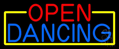 Open Dancing With Yellow Border LED Neon Sign