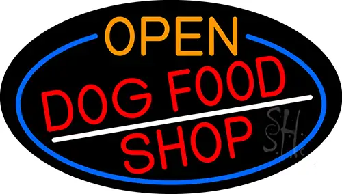 Open Dog Food Shop Oval With Blue Border LED Neon Sign