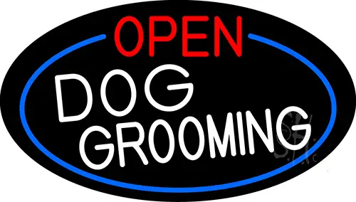 Open Dog Grooming Oval With Blue Border LED Neon Sign