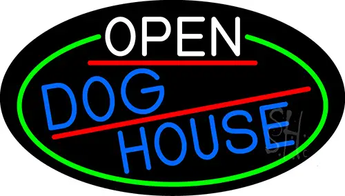Open Dog House Oval With Green Border LED Neon Sign